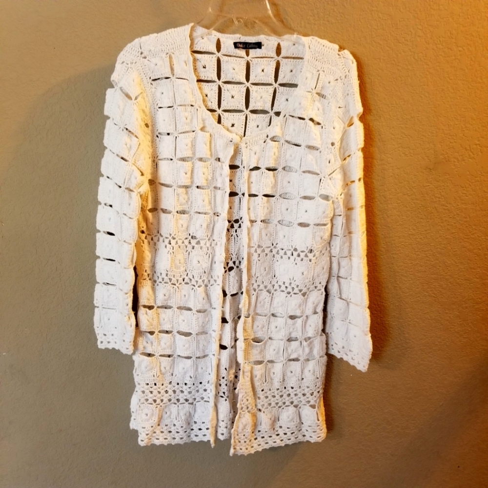 Dolce Cabo Women's White Crocheted Long Sleeve Open Weave Cardigan Size S/M